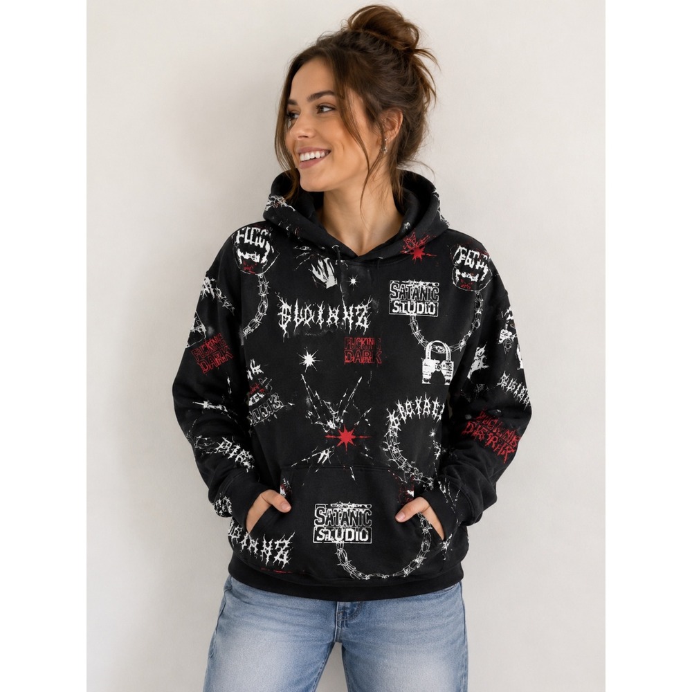 SWIXXZ Trouble Reactive Hoodie Womens Medium Black Graphic Streetwear Mall Goth
